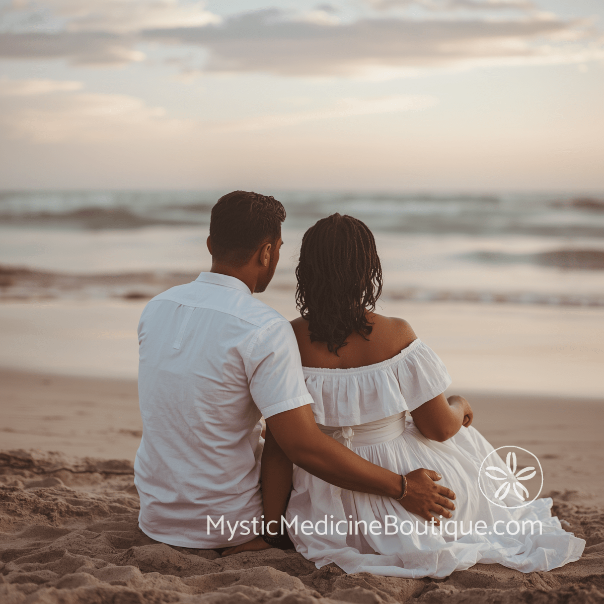 Couple sitting together on beach at sunset — how to help your partner through spiritual burnout without burning out yourself, Mystic Medicine Boutique