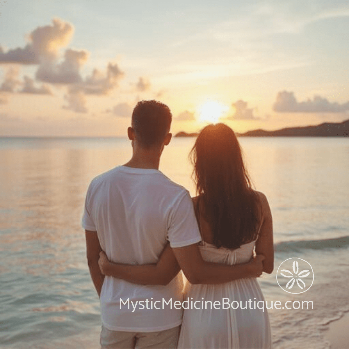 Couple embracing at sunset on tropical beach — how to help your spouse set boundaries with energy vampires RN Reiki Master guide