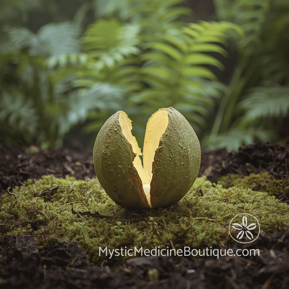 Cracked seed pod opening to reveal inner light on tropical moss and dark earth, representing integration of shadow material surfacing during physical illness