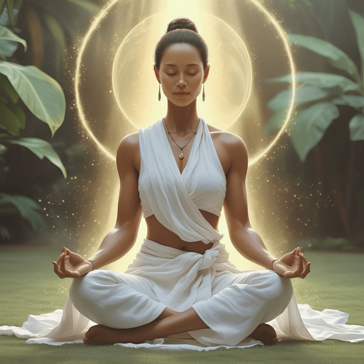 Woman in white meditating with golden light halo surrounded by tropical foliage — how to navigate a consciousness shift during kundalini awakening