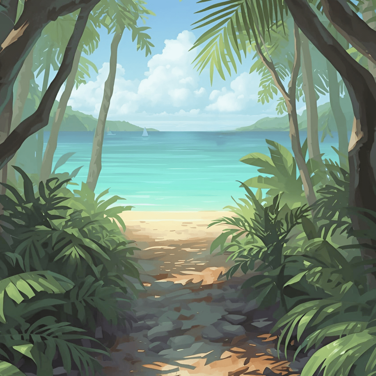 Illustrated tropical jungle path opening to turquoise beach representing the journey through empty nest spiritual emergency toward renewed identity