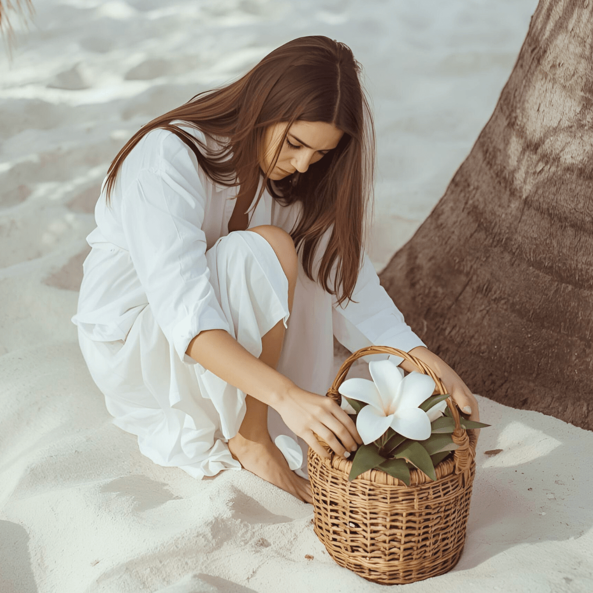 How to navigate miscarriage spiritual emergency 7 gentle steps — woman in white dress seated on sand placing white plumeria flower in woven basket representing gentle grief rituals and tender spiritual support after pregnancy loss