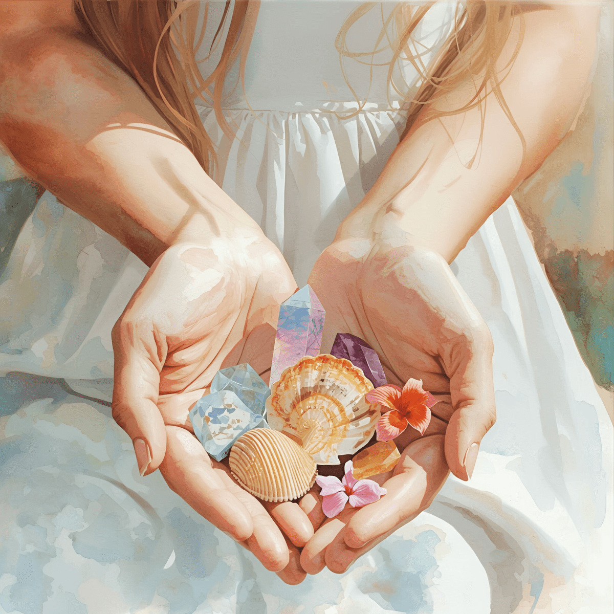 Woman holding healing crystals and shells for postpartum spiritual emergency grounding support