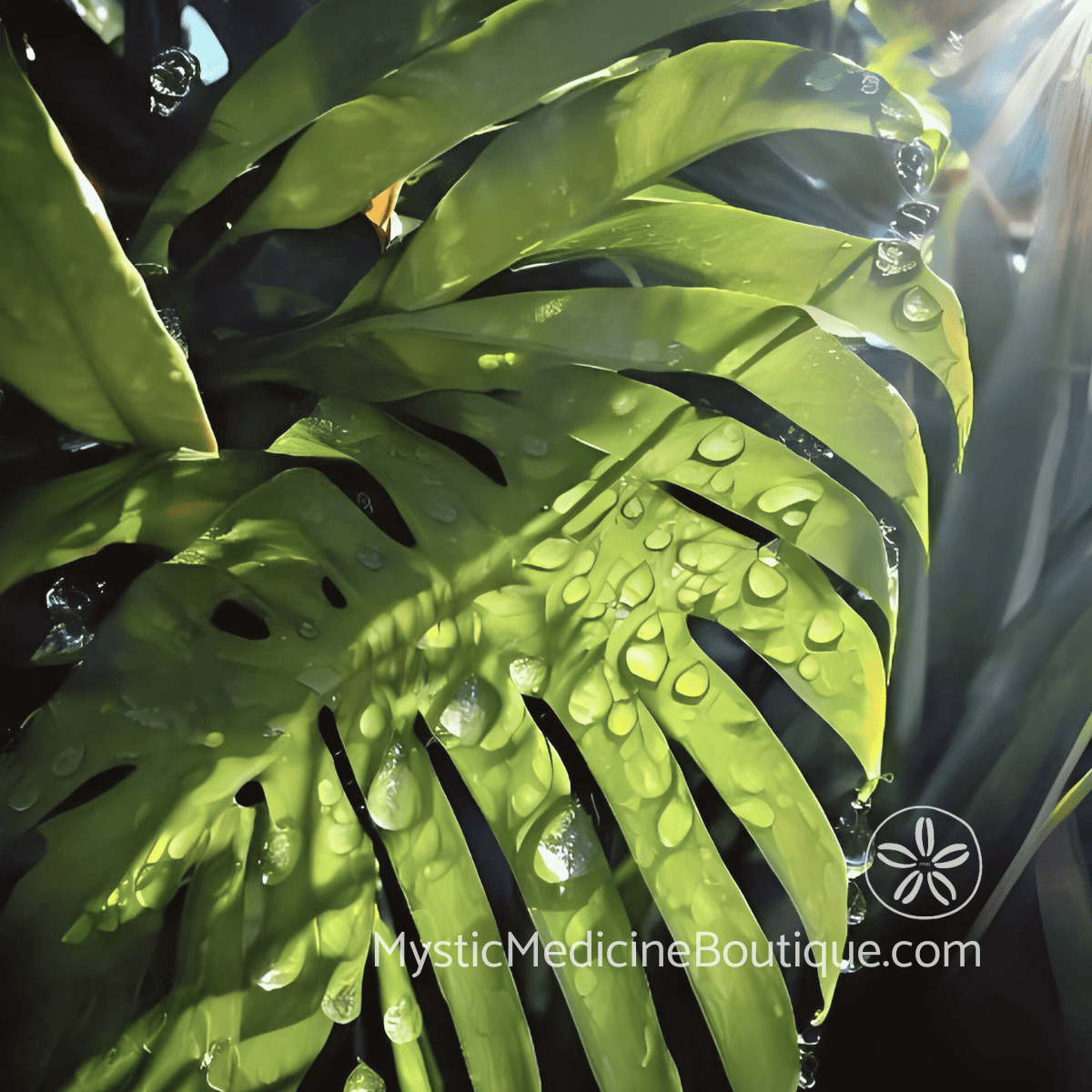 Monstera leaves with raindrops representing grief, renewal, and spiritual emergency navigation after best friend death