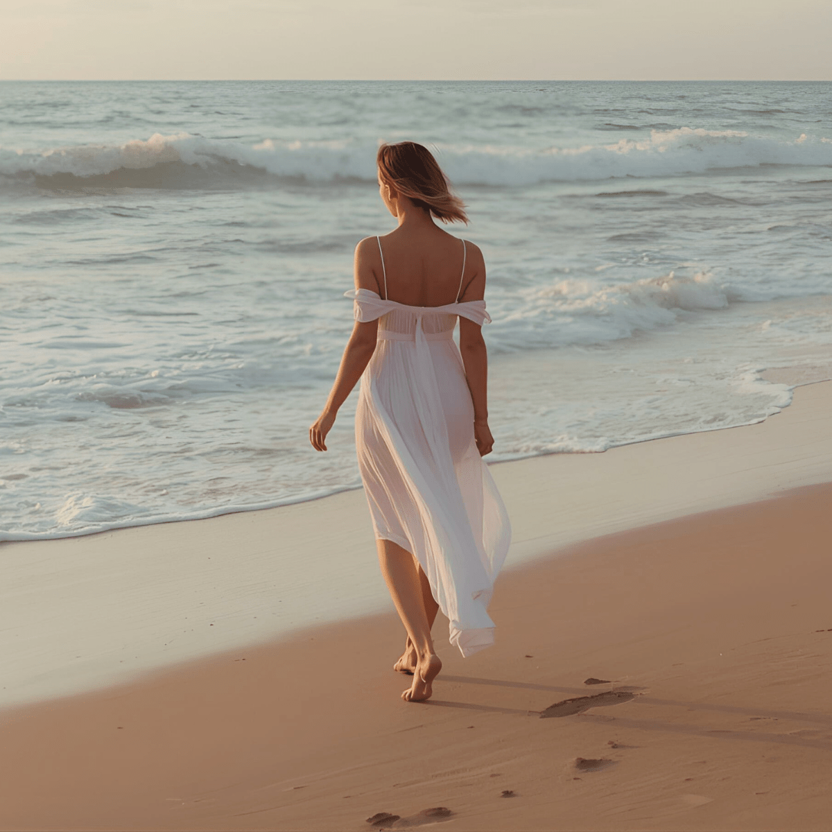 Woman in white dress walking on beach representing how to navigate spiritual emergency after near-death experience and consciousness shift integration