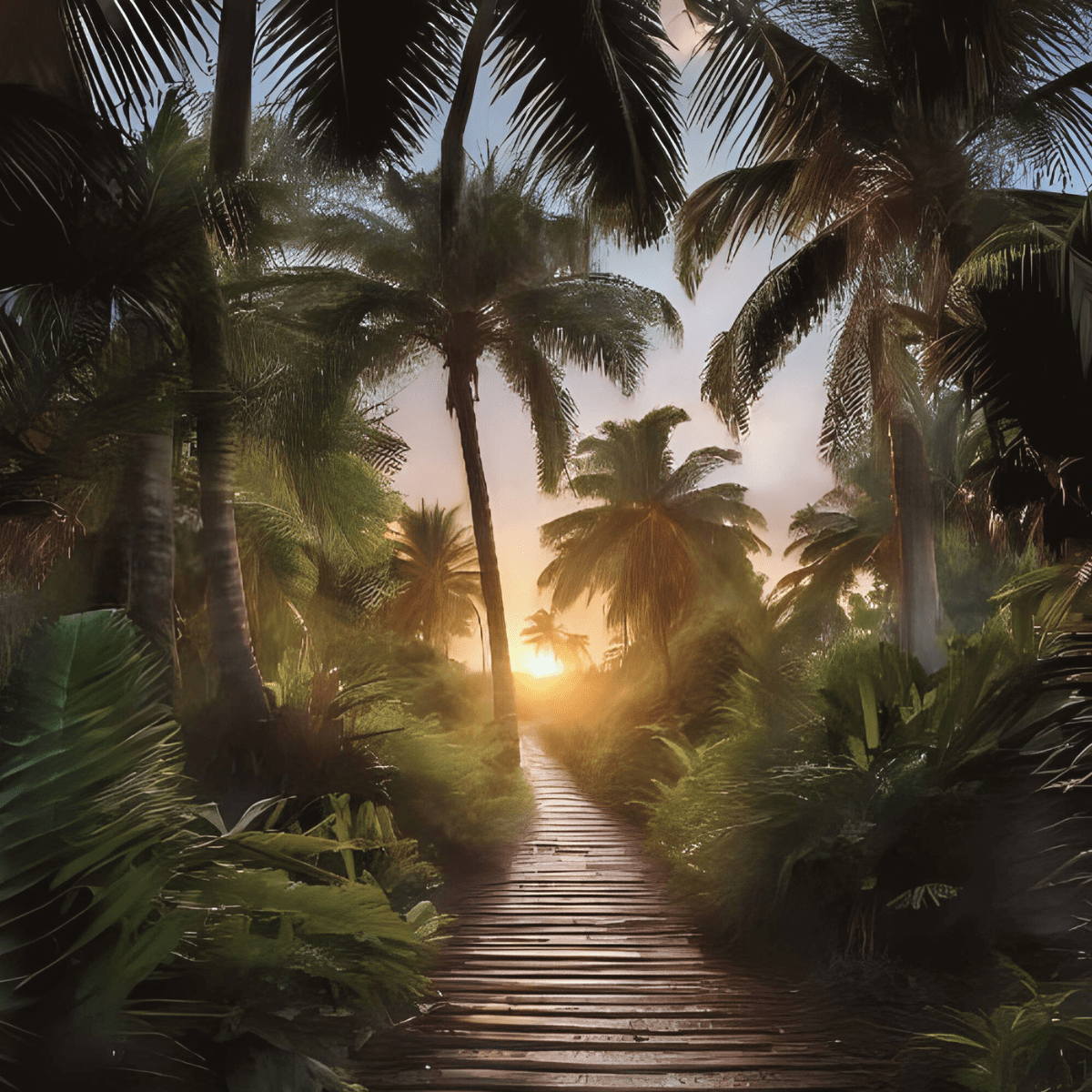 Tropical boardwalk through palm forest at golden sunset representing the gentle path forward through spiritual emergency after parent loss