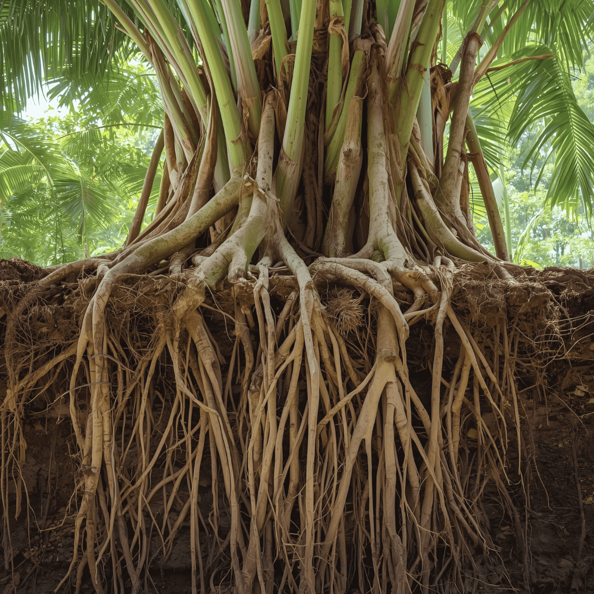 Massive tropical tree with dramatic exposed root system representing the deep grounding needed to survive spiritual emergency after traumatic accident