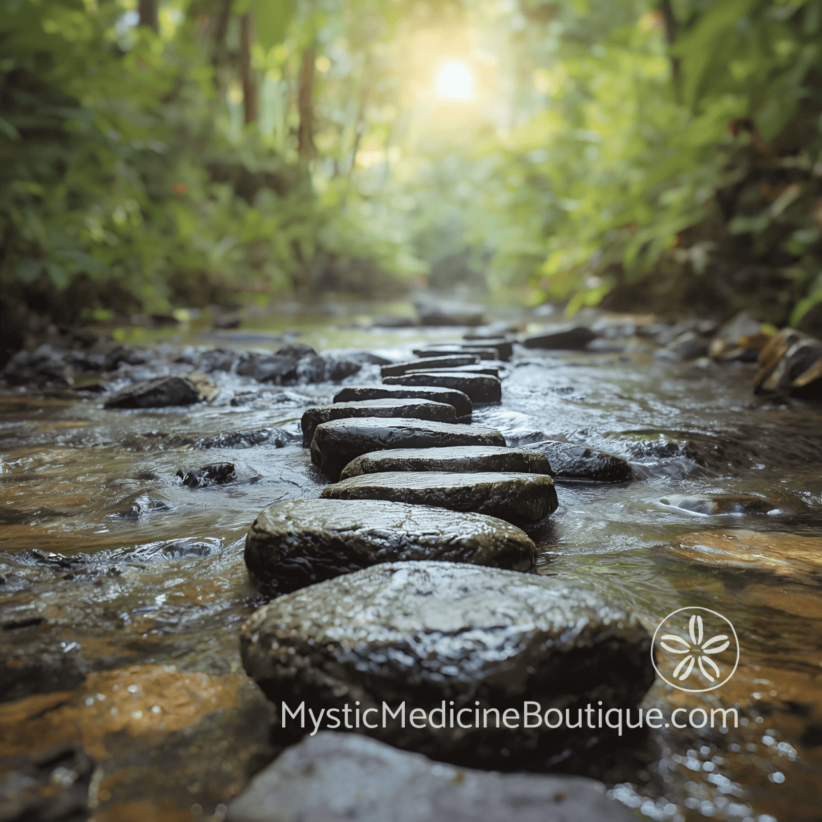 Stepping stones crossing a forest stream representing the grounded navigation path through spiritual emergency after infidelity discovery