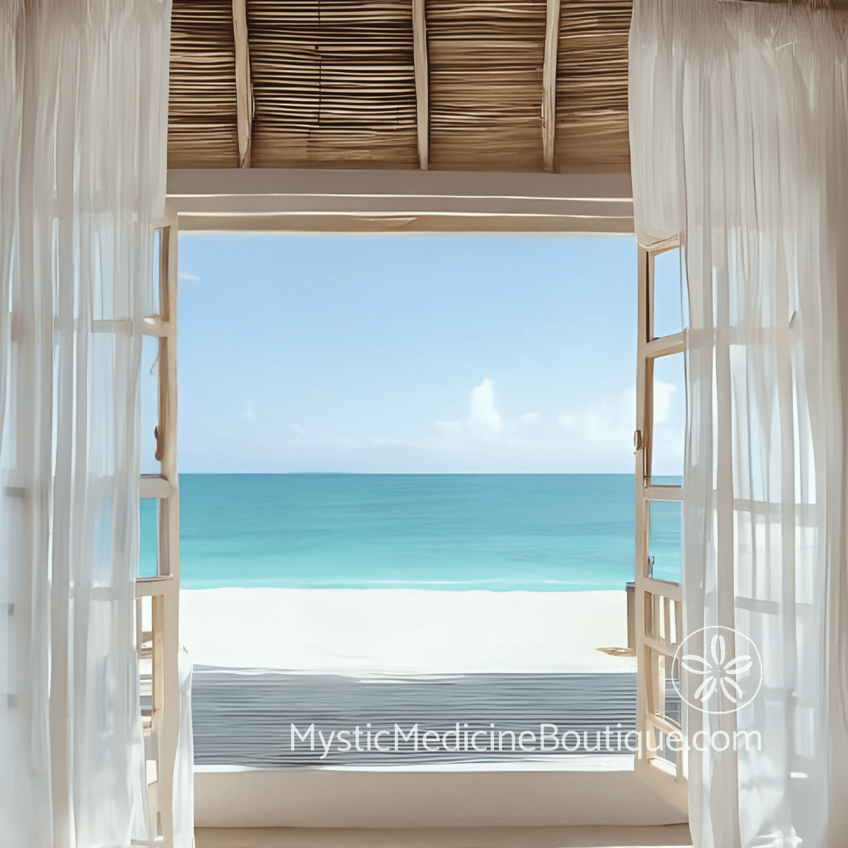 Open beach hut overlooking turquoise ocean representing new home sanctuary after spiritual emergency clearing and energetic stabilization