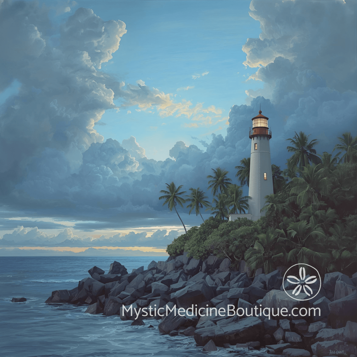 Lighthouse on rocky island with palm trees representing how to navigate retirement spiritual crisis and identity reconstruction