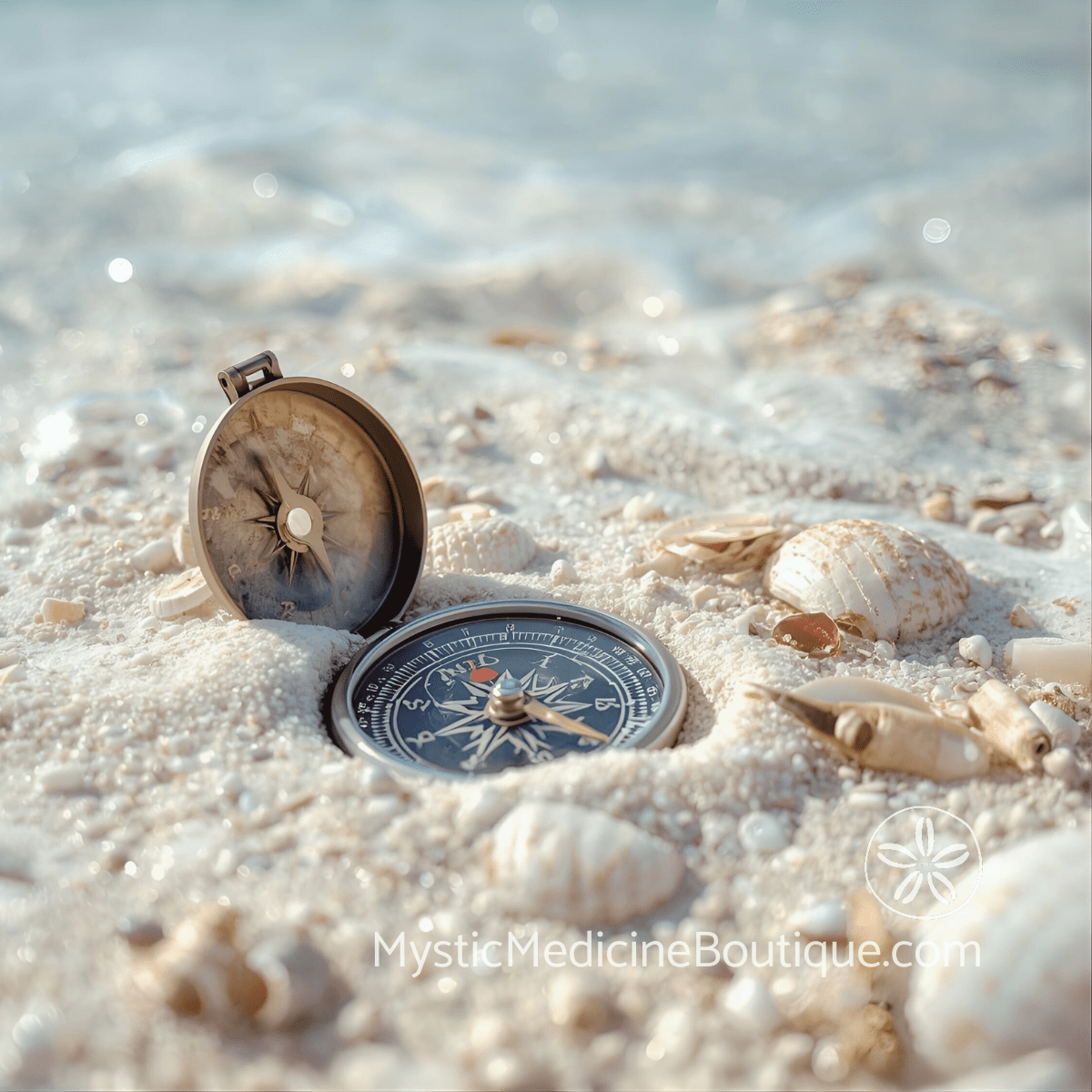 Antique compass resting in sand with seashells representing the grounding steps and direction available during entrepreneur spiritual emergency