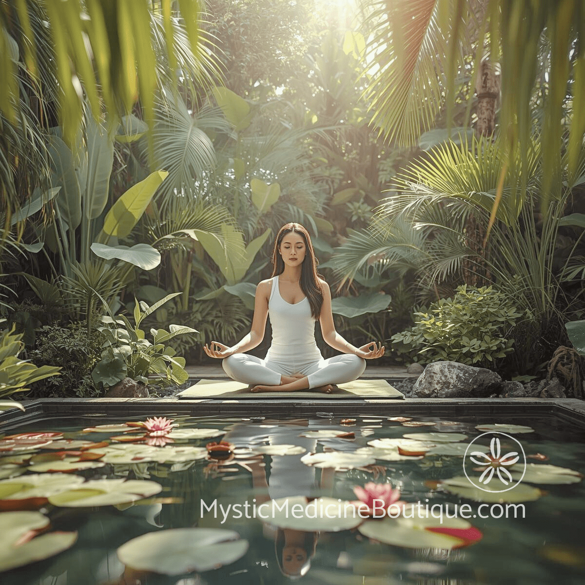 Woman meditating in lotus garden representing crown chakra divine connection practice and step-by-step spiritual techniques