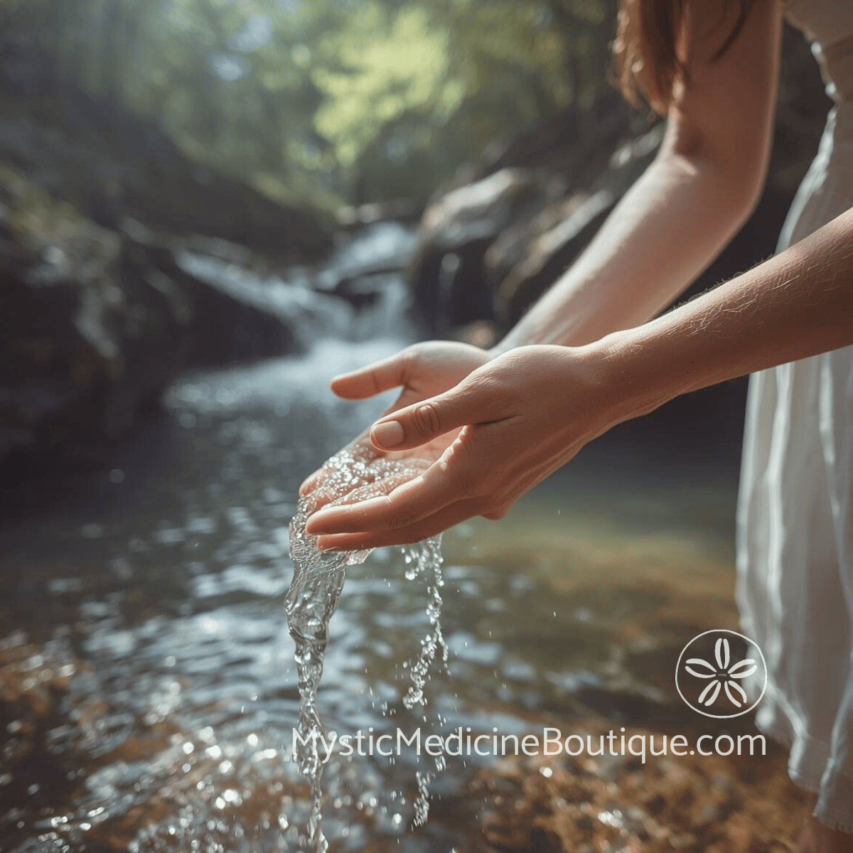 Hands catching forest stream water representing energy clearing techniques for sensitive people and empaths