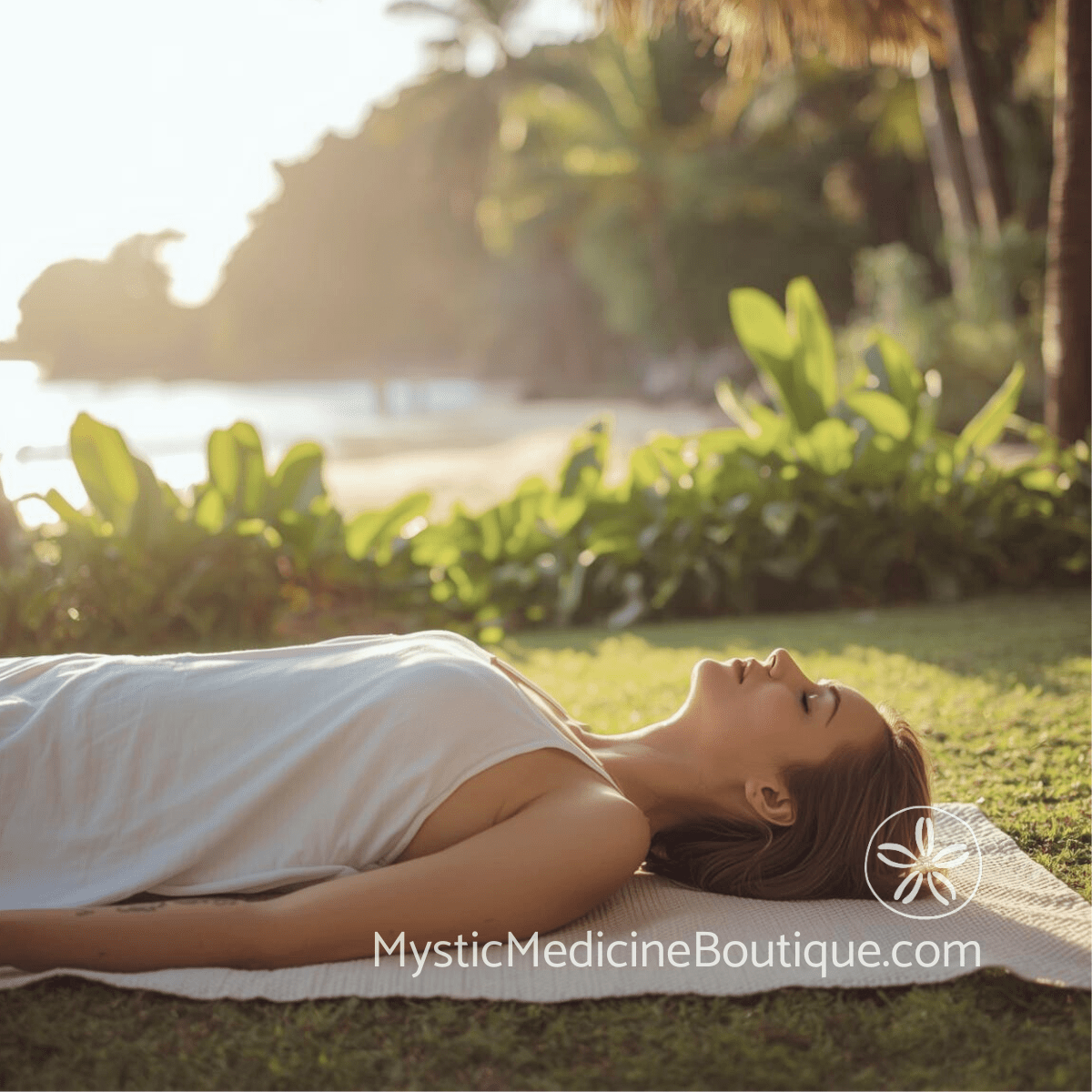 Woman lying outdoors near tropical foliage representing how to practice Reiki for emotional balance and self-healing techniques at home