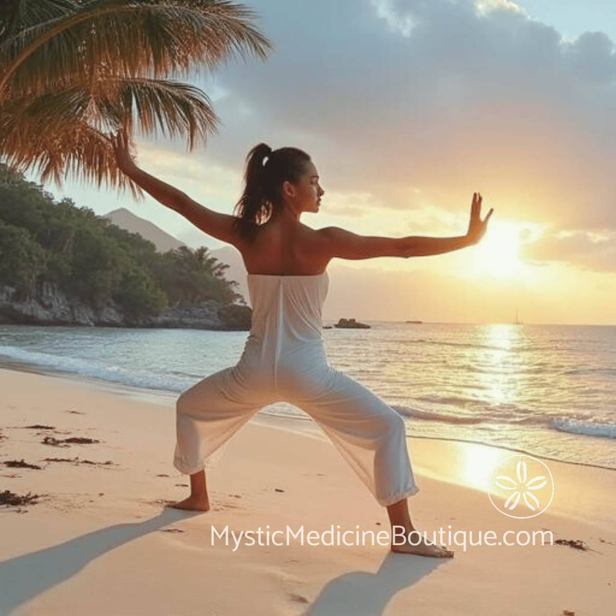 Woman in warrior yoga pose on beach at golden hour representing solar plexus chakra healing techniques and reclaiming personal power and confidence