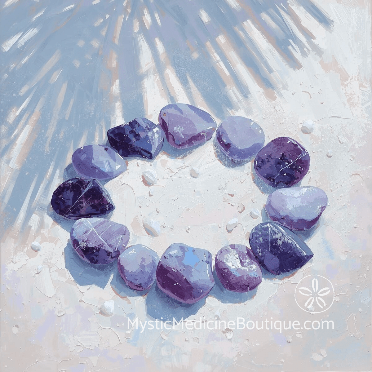 Circle of amethyst crystals in sunlight representing third eye chakra activation and intuition awakening practice
