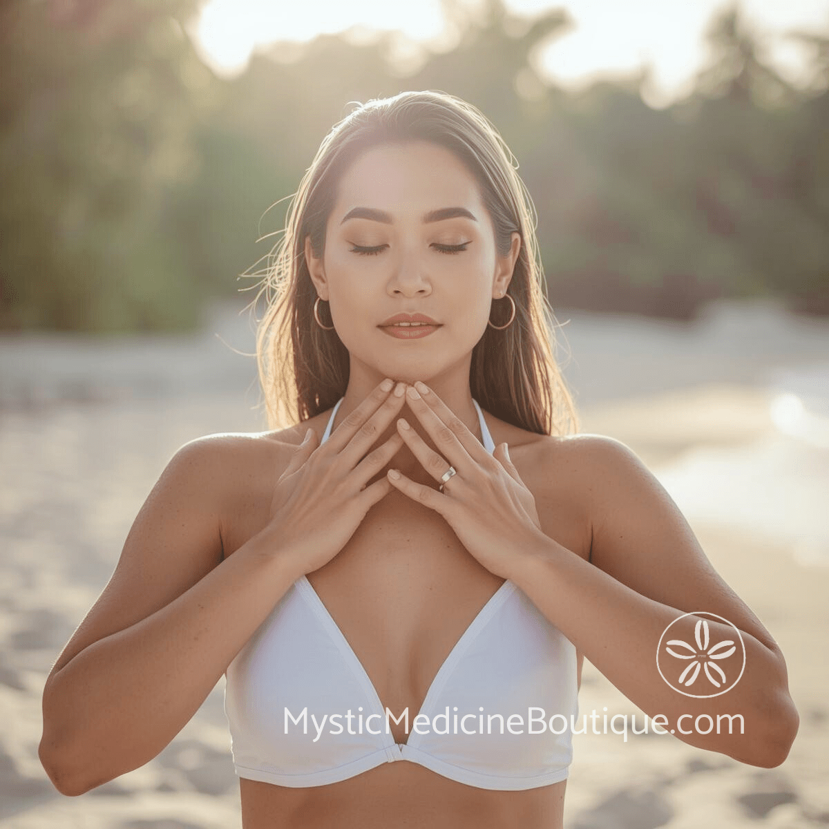 Woman with hands at her throat and eyes closed representing the intentional practice of throat chakra healing and authentic expression work