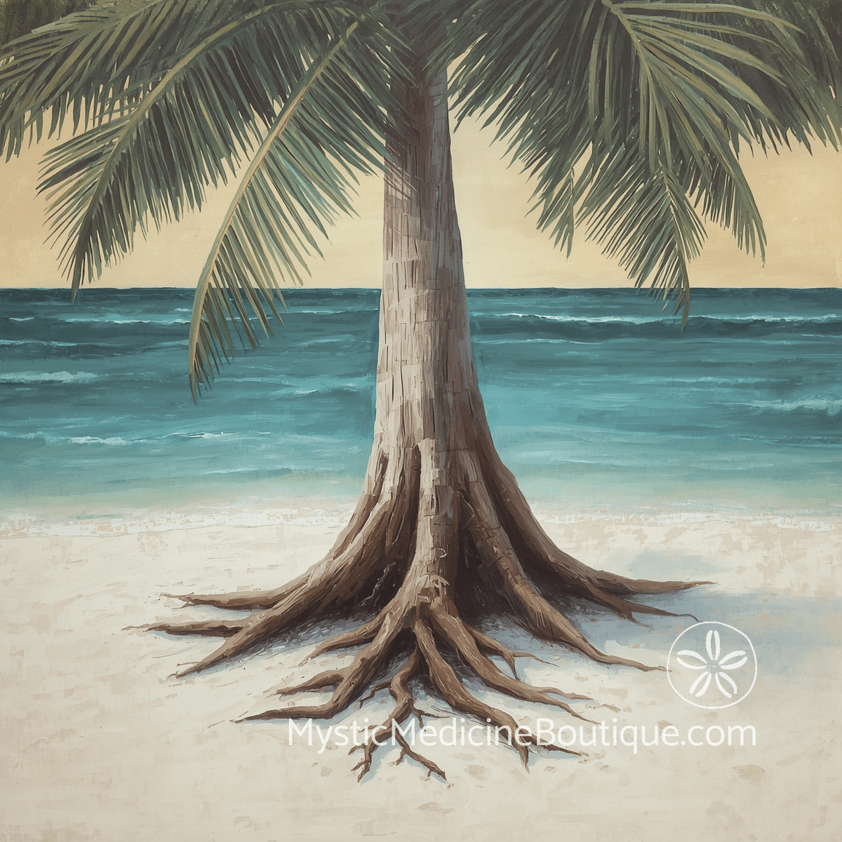Tropical palm tree with deep exposed roots on white sand beach representing spiritual grounding protection when money problems hit hard