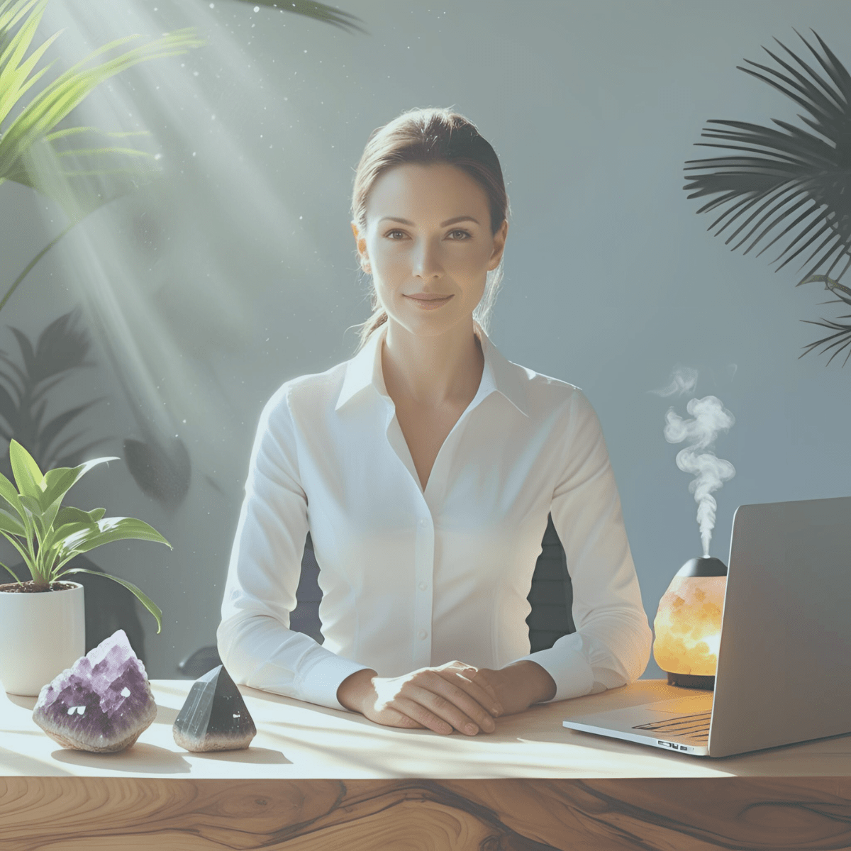 Professional woman in white shirt at wooden desk with protective amethyst cluster and black tourmaline crystals beside laptop and salt lamp with tropical plants - energy vampire protection simple steps