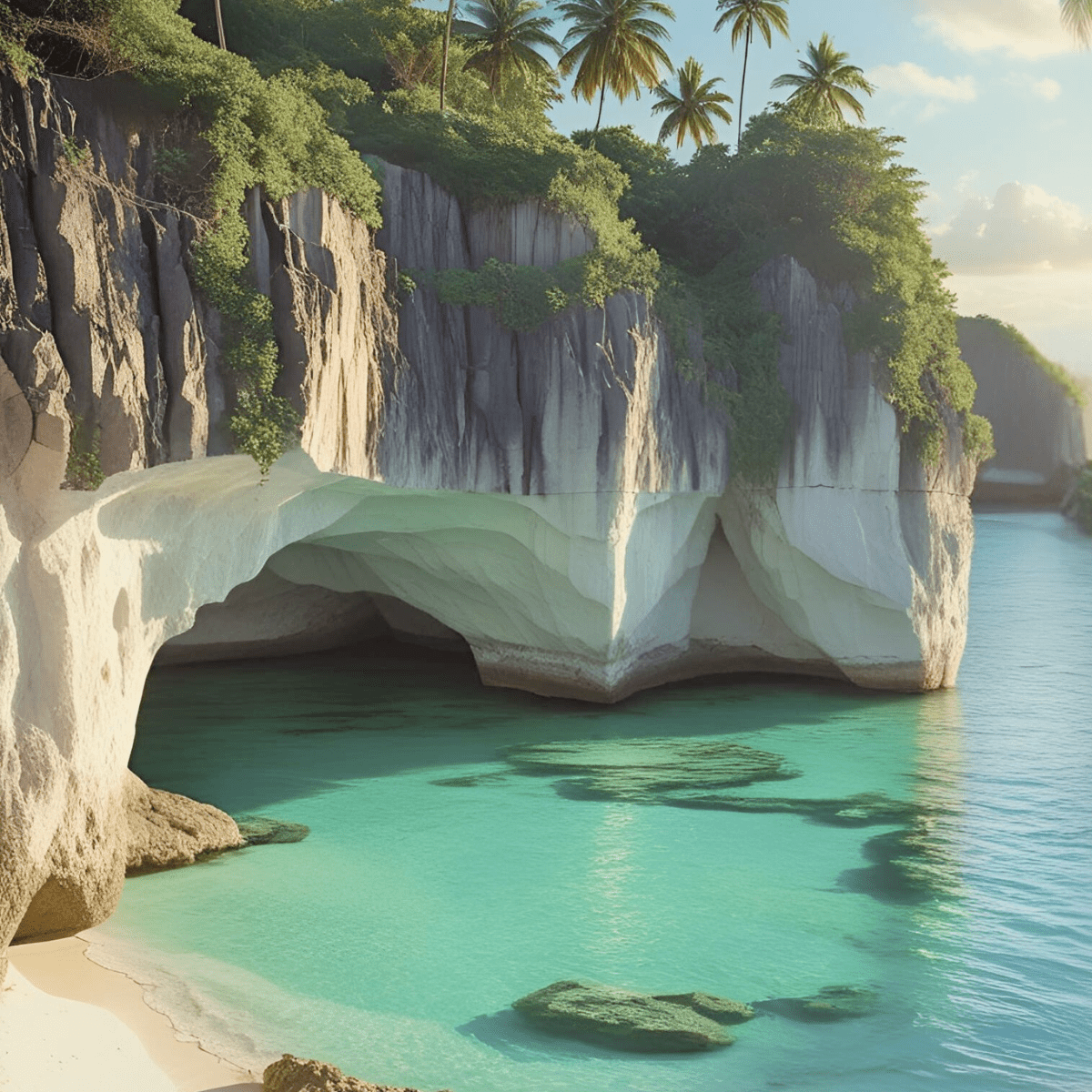 Dramatic tropical cove with white limestone cliffs and turquoise water representing the clarity and revelation of spiritual truths breaking through avoidance