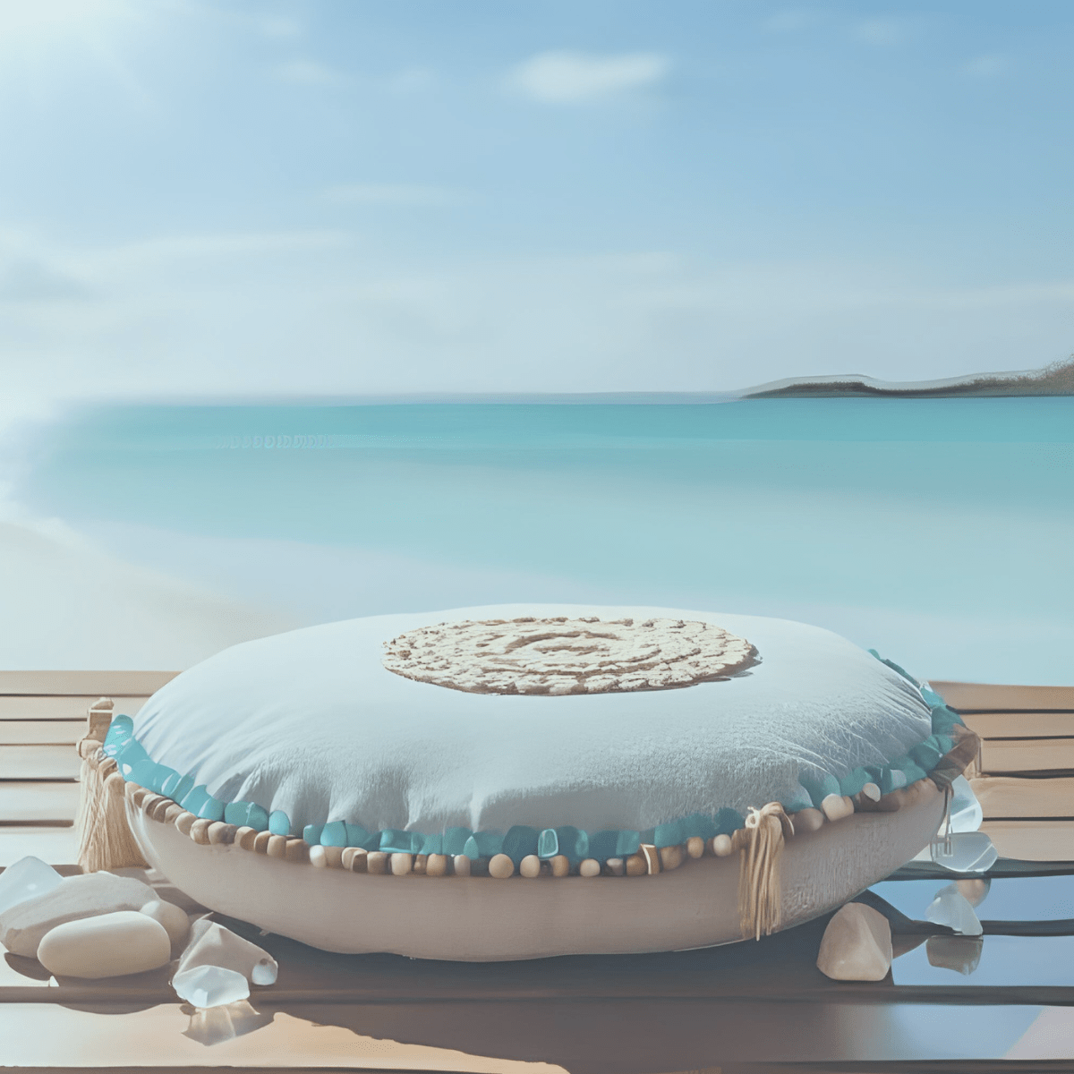 Teal meditation cushion with crystals on peaceful ocean deck representing the gentle rest and restoration at the heart of spiritual burnout recovery