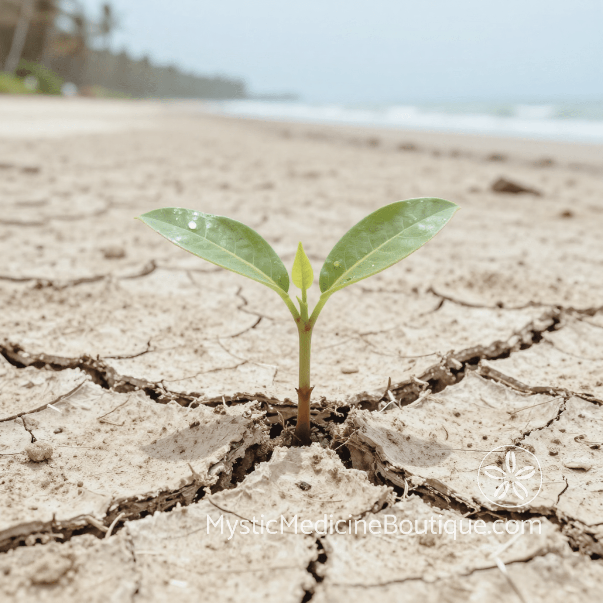 Tropical seedling emerging from cracked dry earth near coastal shoreline representing how to recover from spiritual burnout complete guide — Mystic Medicine Boutique