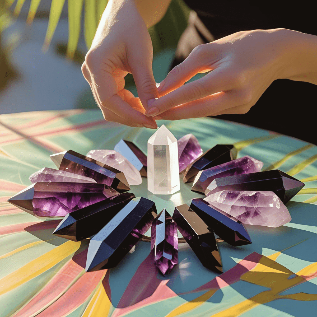 Hands arranging protective crystal grid with amethyst and black tourmaline representing how to set spiritual boundaries and protect your energy