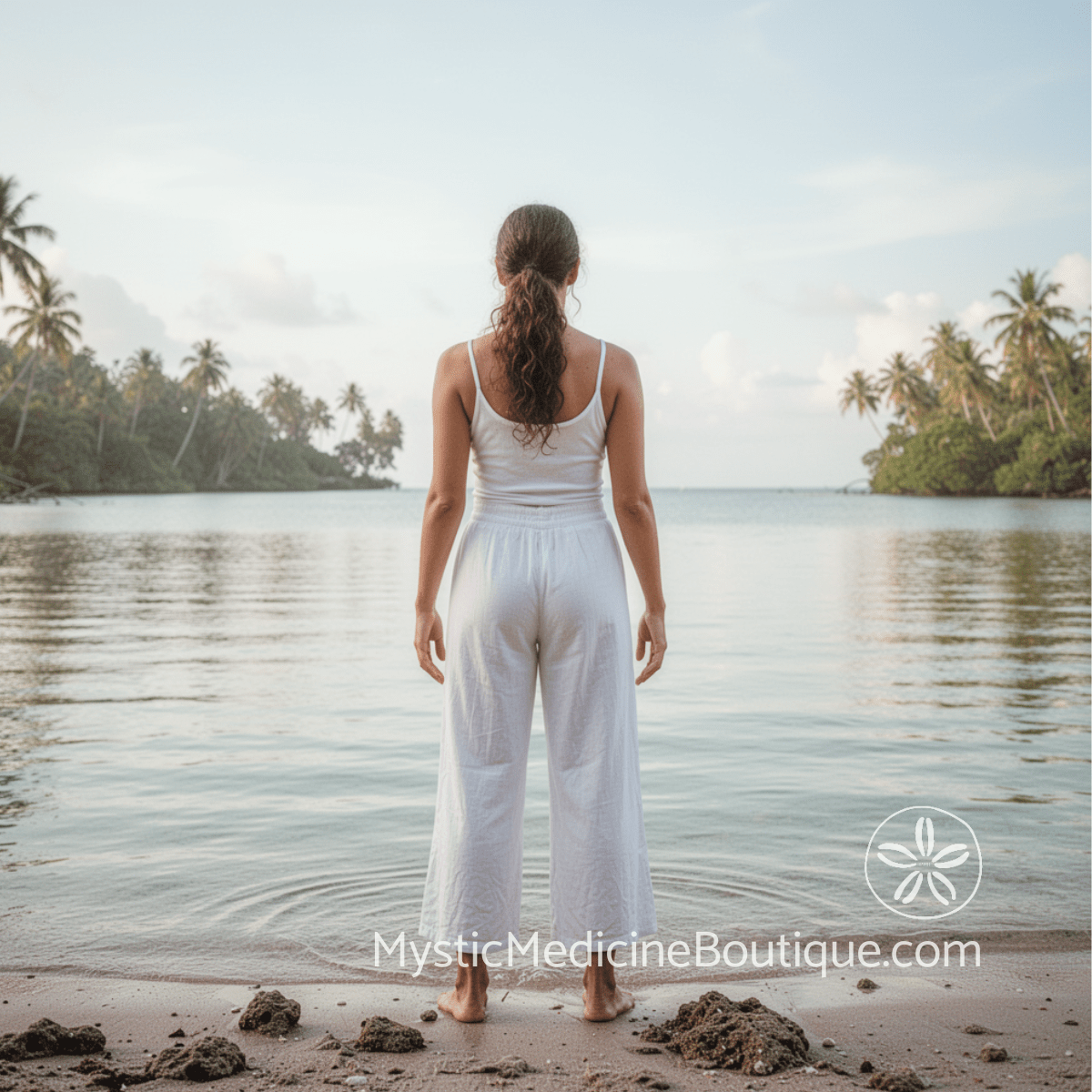Woman in white standing at tropical beach waters — how to stop someone from draining your energy RN Reiki Master explains