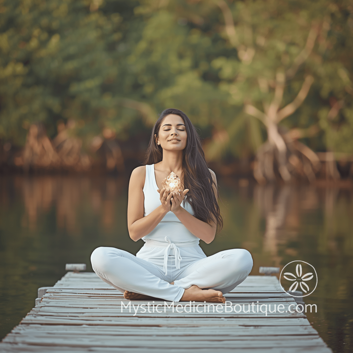 Woman meditating with healing crystal on tropical dock — how to support someone through spiritual burnout, RN Reiki Master guide, Mystic Medicine Boutique