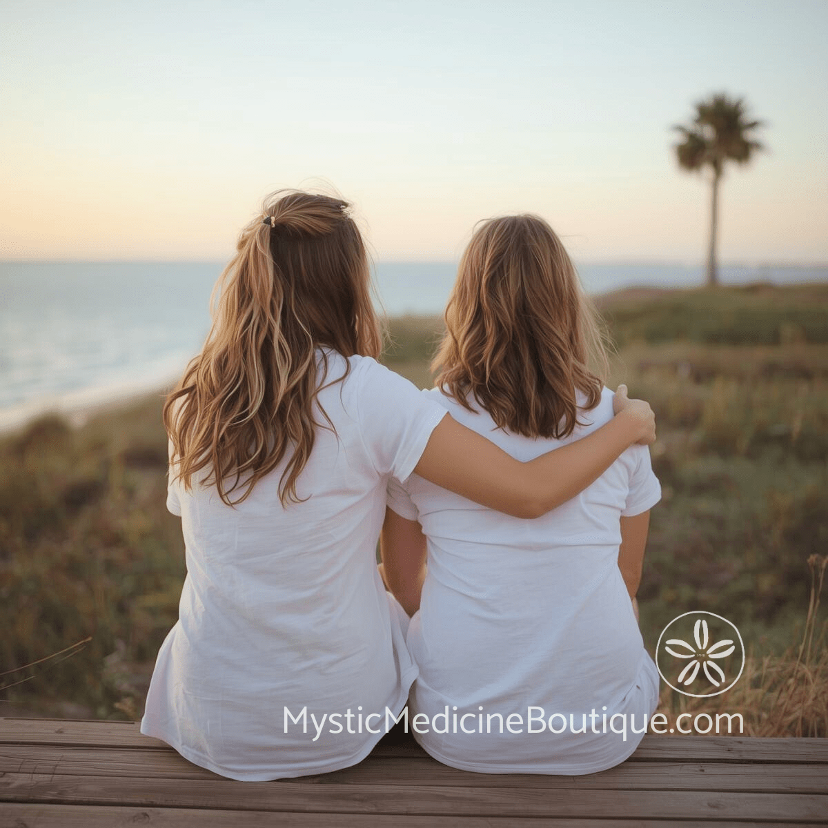 Two women in white sitting together on a coastal boardwalk at sunset with one arm around the other and a palm tree silhouette in the background, representing how to support your adult child through faith crisis