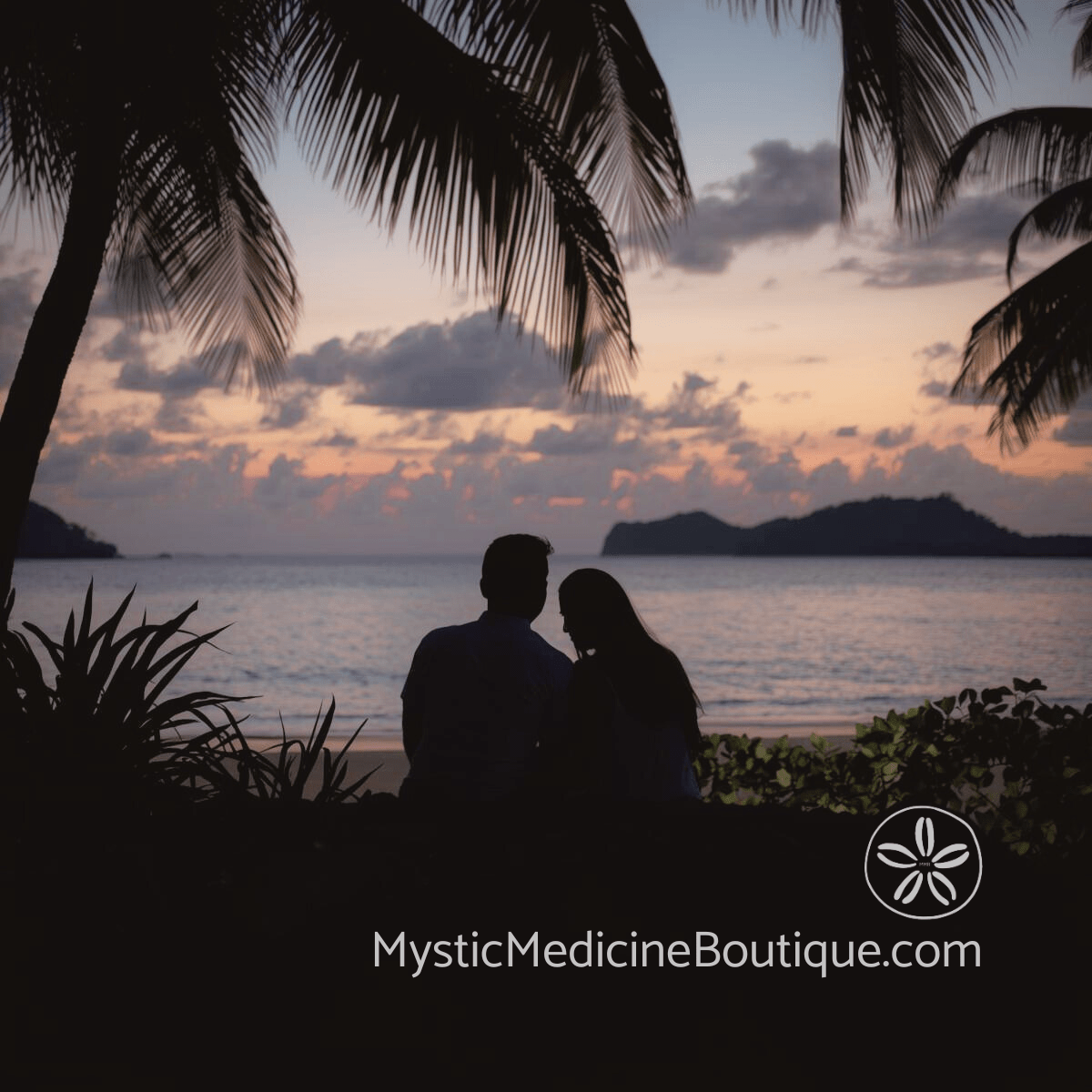 Two silhouetted figures sitting together on a tropical beach at dusk with palm trees and a rose-colored sunset sky, representing how to support your partner through faith crisis