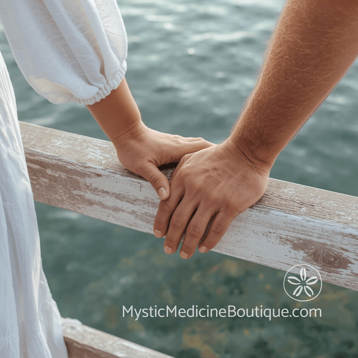 Two hands resting close together on a weathered white dock railing with turquoise water below.