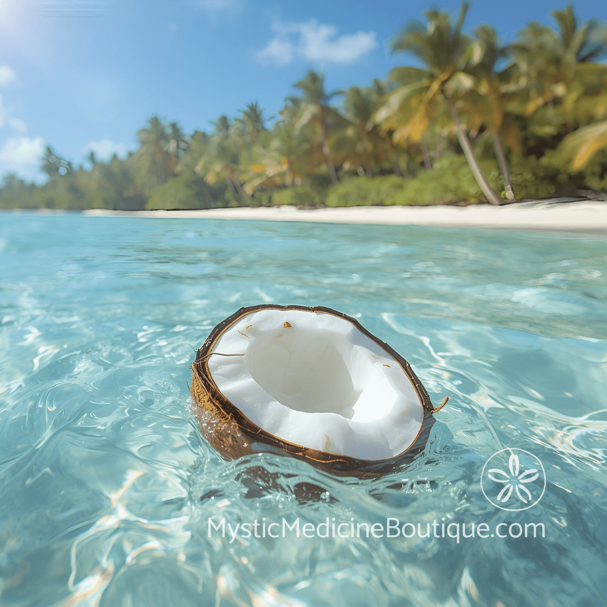 Cracked coconut floating in clear turquoise water representing the identity breaking open and grounding needed during career promotion spiritual emergency