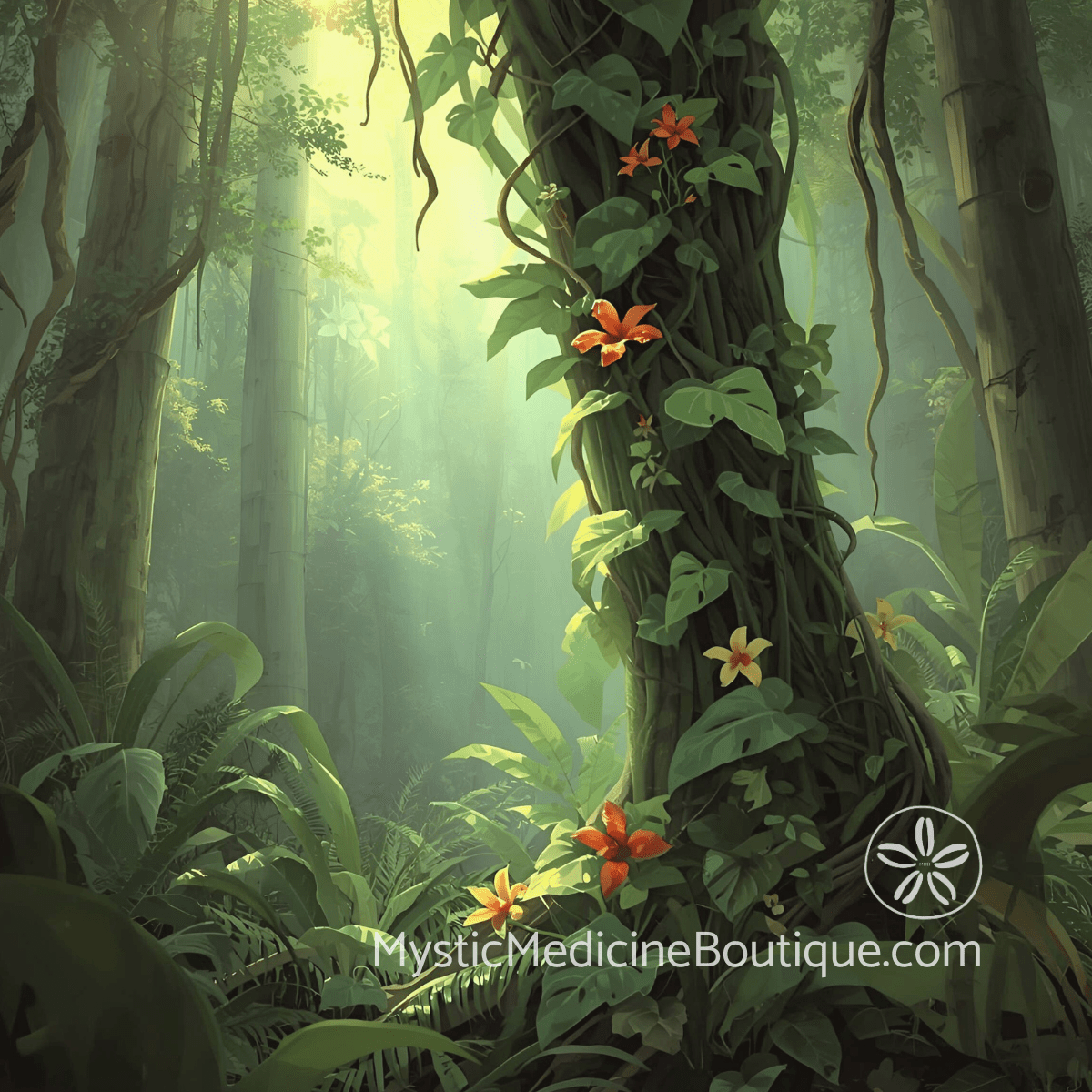 Lush mystical forest with vines and orange flowers representing resilience through adult child estrangement spiritual emergency