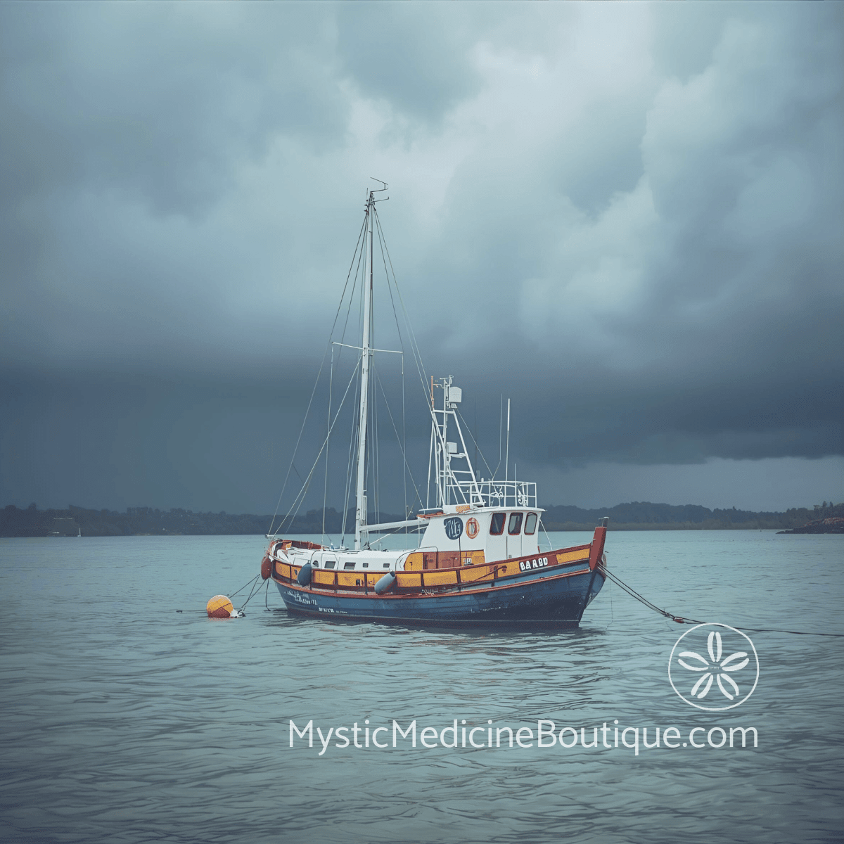 Weathered fishing boat moored in gray harbor representing the steadiness needed to survive twin flame runner chaser spiritual emergency
