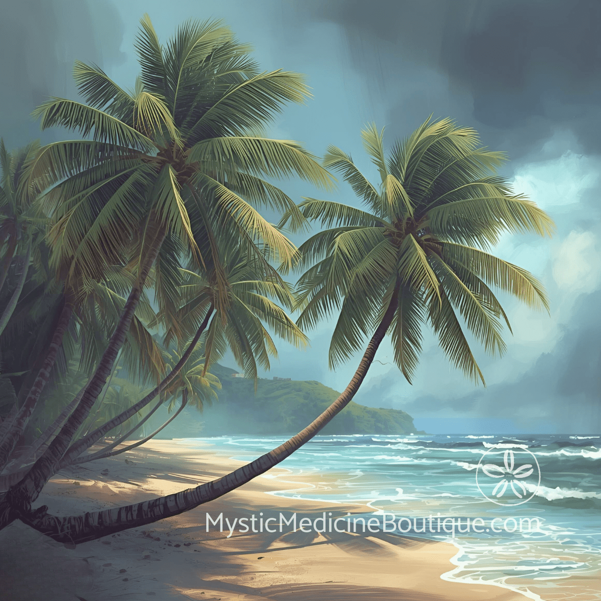 Dramatic tropical beach with storm-bent palm trees representing the identity transformation and crisis of wedding spiritual emergency