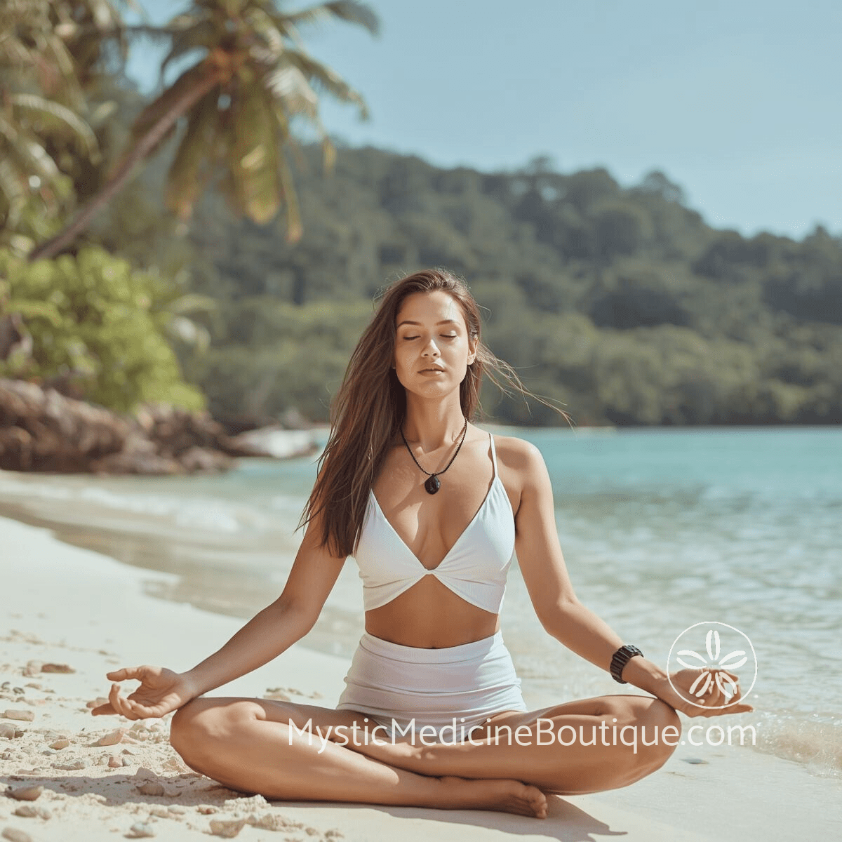 Woman meditating in lotus position on tropical beach wearing black tourmaline necklace representing daily grounding and protection practice with crystal healing