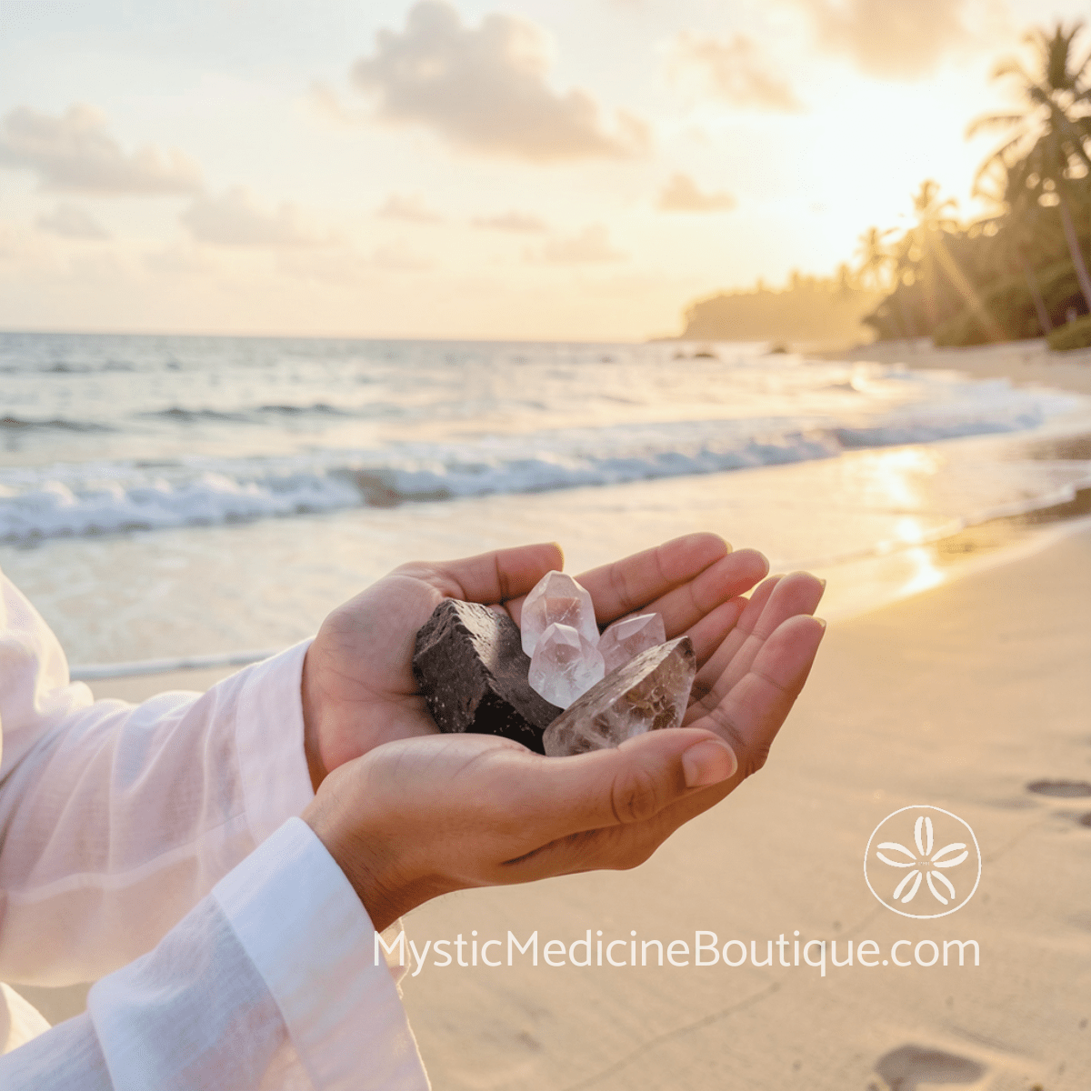 Hands holding black tourmaline and clear quartz crystals on beach for shadow work spiritual emergency grounding support