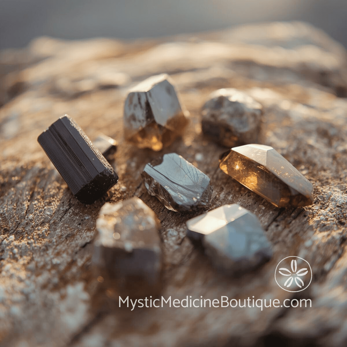 Black tourmaline, labradorite, and smoky quartz protective crystals arranged on weathered driftwood in golden coastal light, representing crystal protection practices to preserve faith during early spiritual doubt and dryness