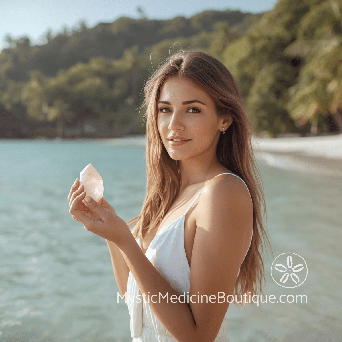 Woman holding rose quartz crystal at tropical beach representing seven techniques for heart chakra healing and self-love practice