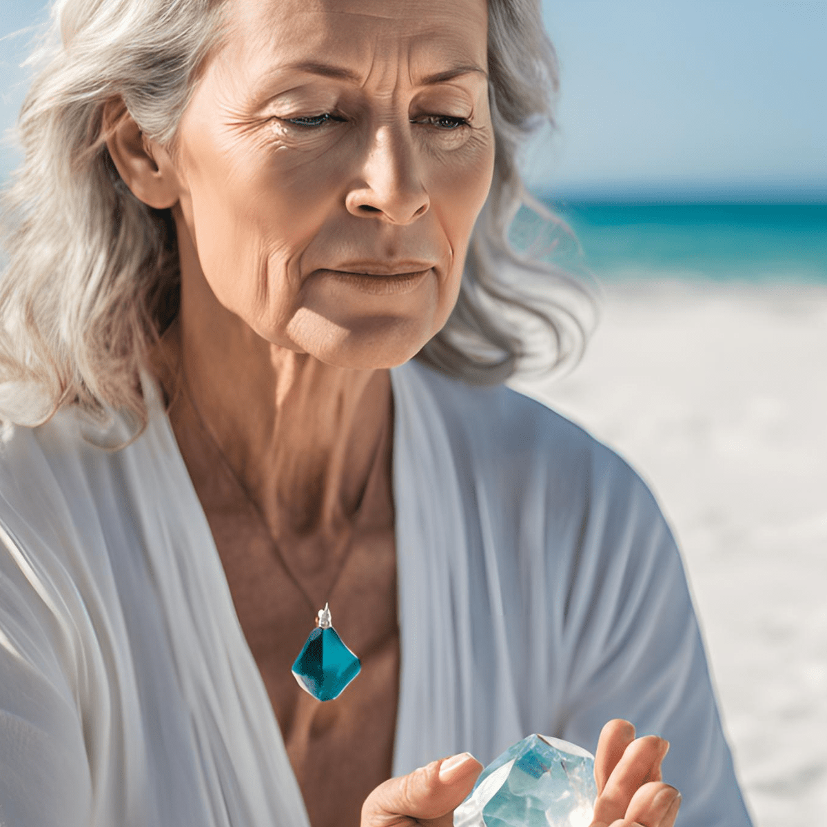 Wise mature woman with silver hair in white robe wearing teal euclase crystal pendant while holding clear crystal on tropical beach - welcoming miracles through crystal healing and spiritual wisdom