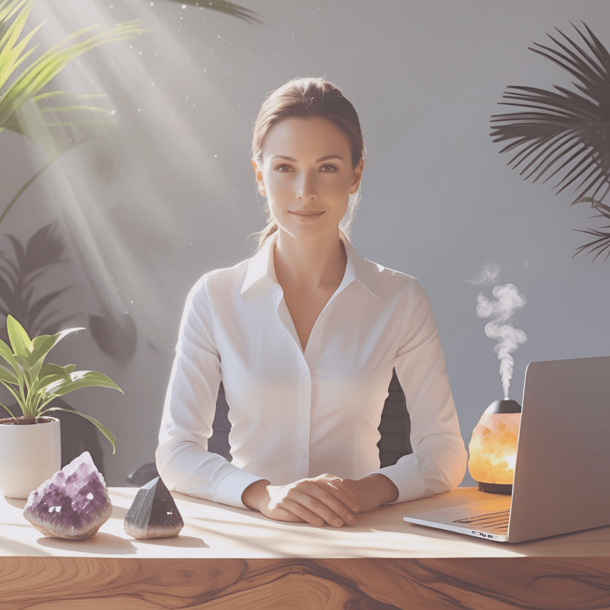 Woman in white at wooden desk with amethyst crystal and salt lamp representing the grounded recovery process after energy vampire depletion
