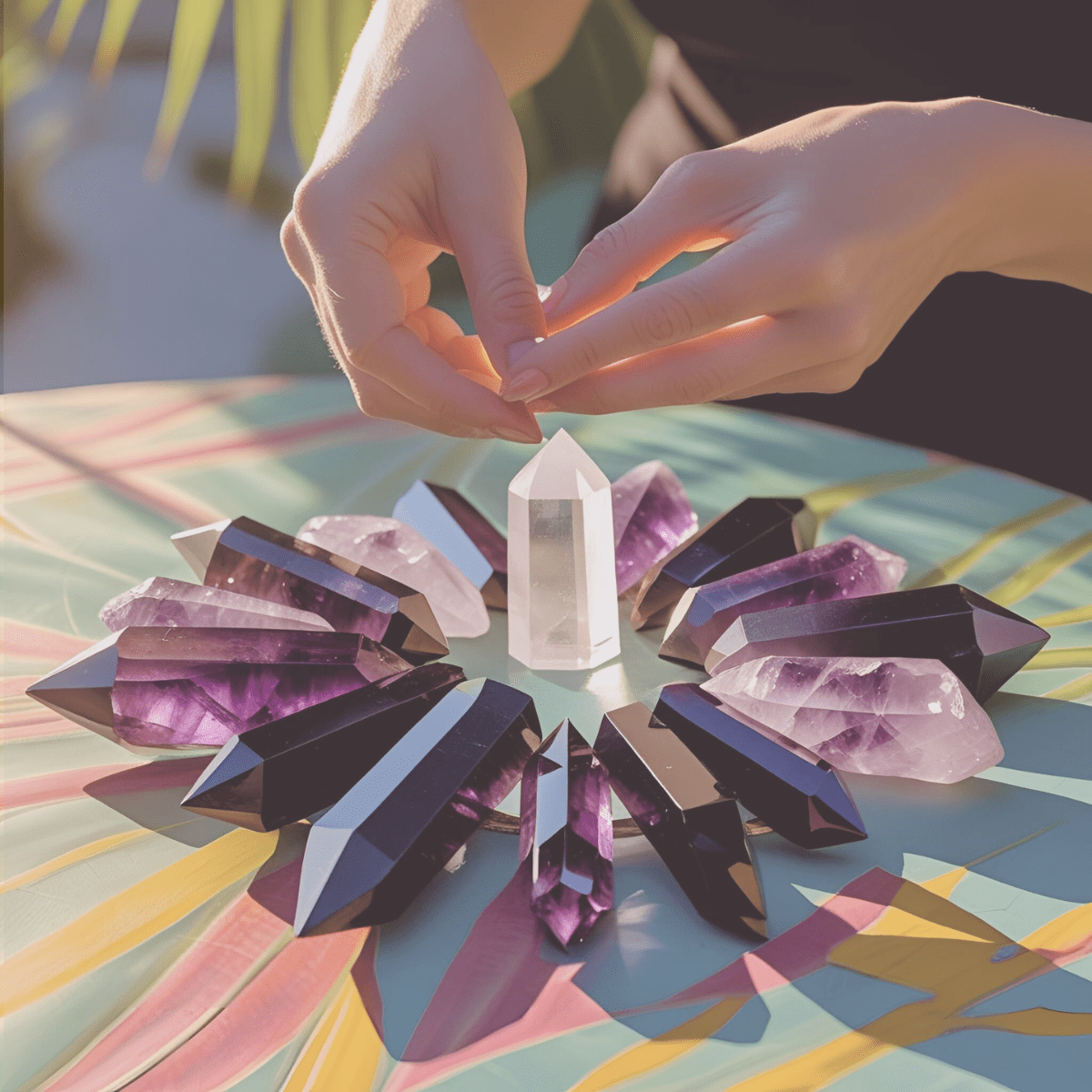 Hands arranging crystal grid representing spiritual boundary protection and energy clearing practice