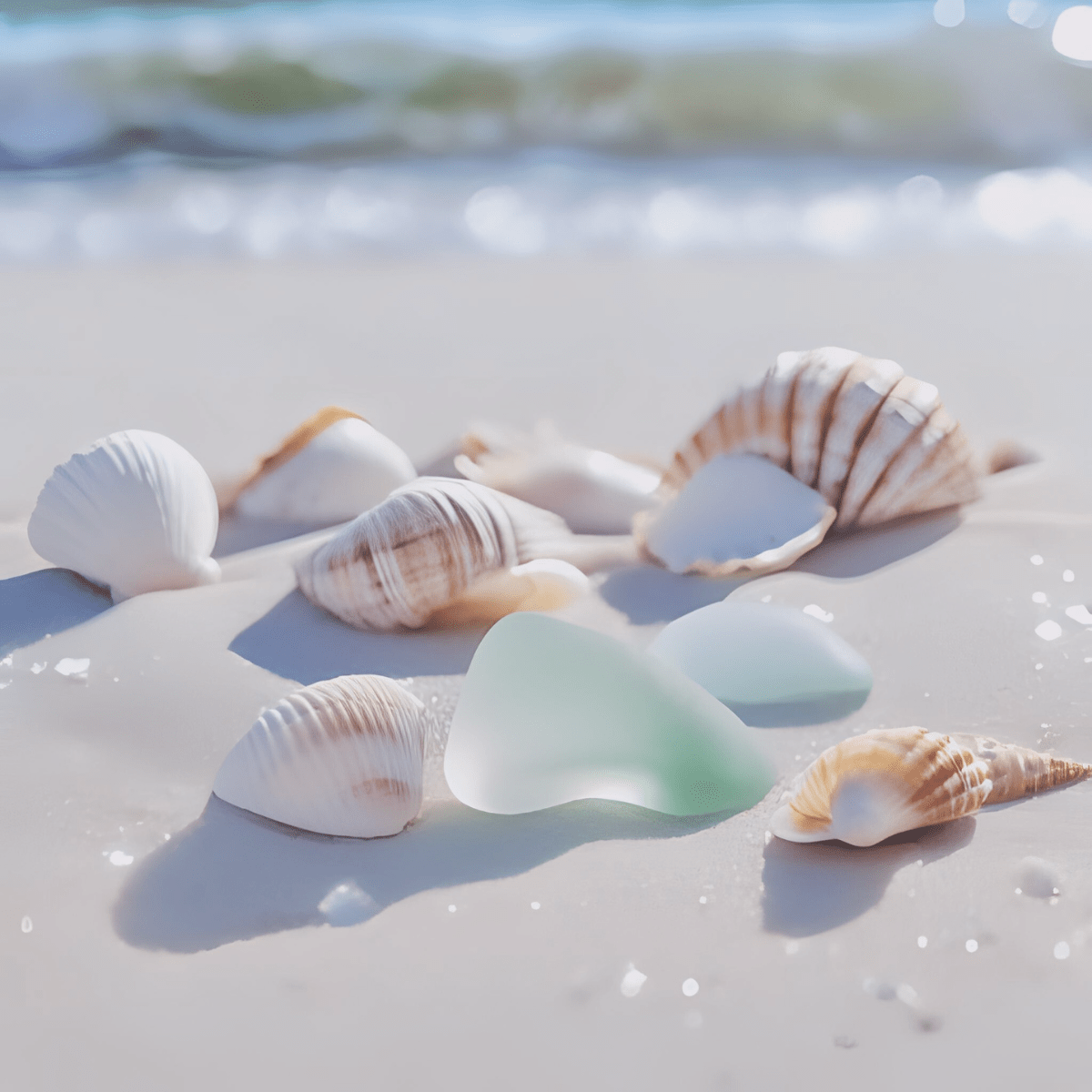 Seashells and sea glass on white tropical sand representing the grounding and peace available during financial emergency spiritual overwhelm