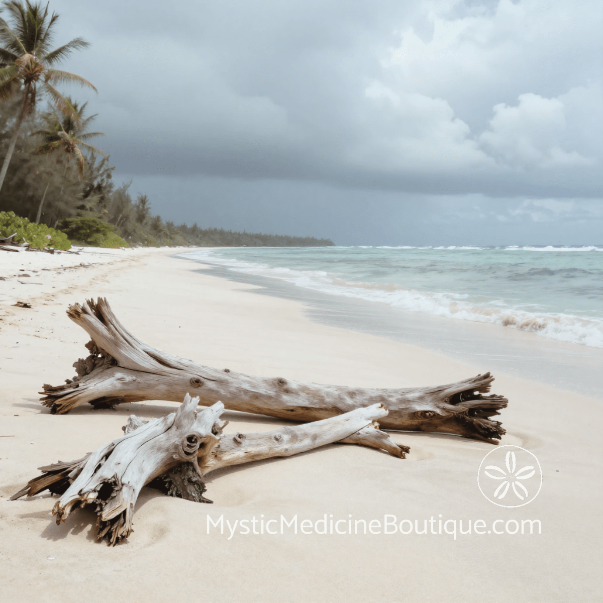 Weathered driftwood on tropical beach under overcast sky representing the depletion and compound weight of illness plus financial crisis