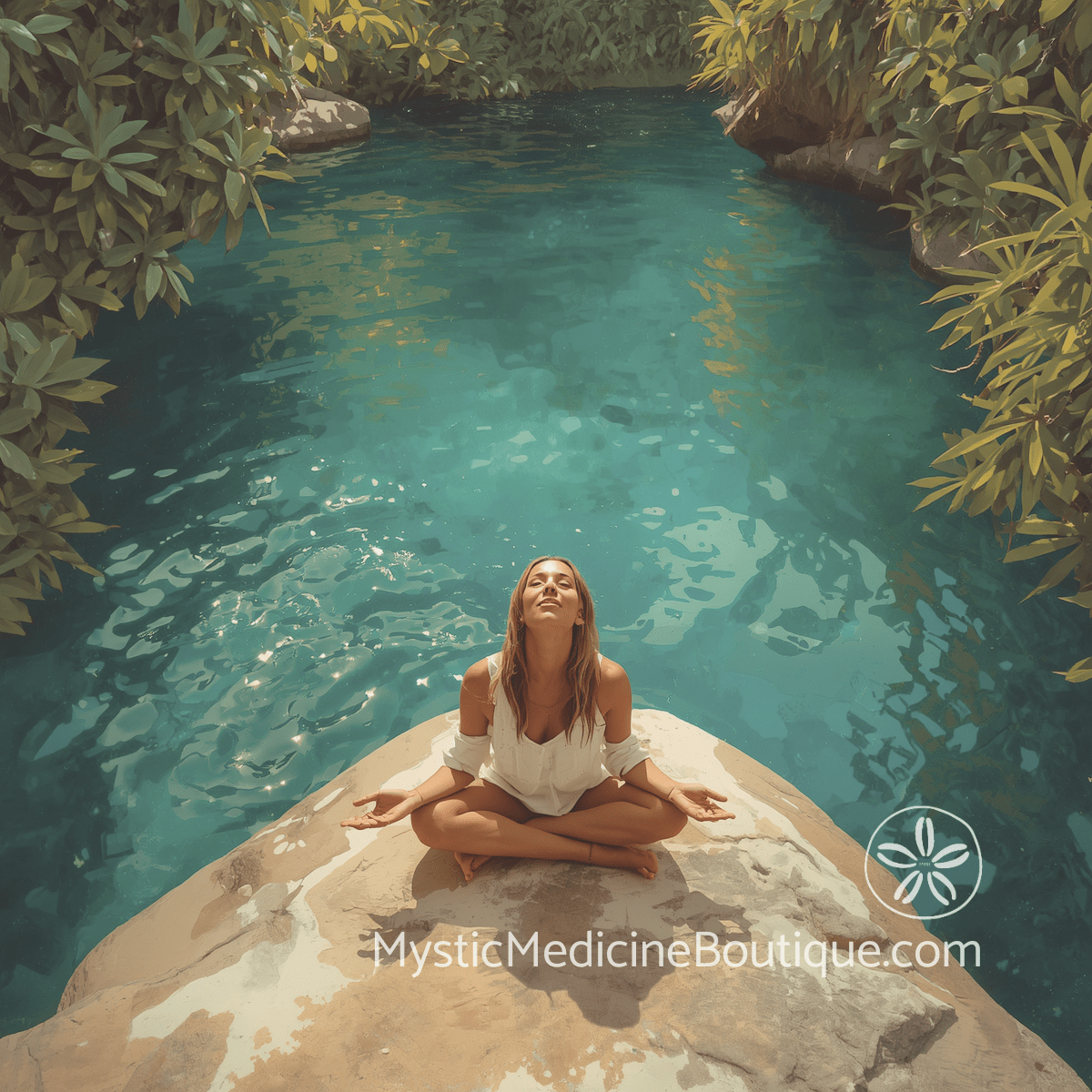 Woman meditating on rock over tropical teal water surrounded by lush greenery representing integrating spiritual lessons of financial loss without losing yourself