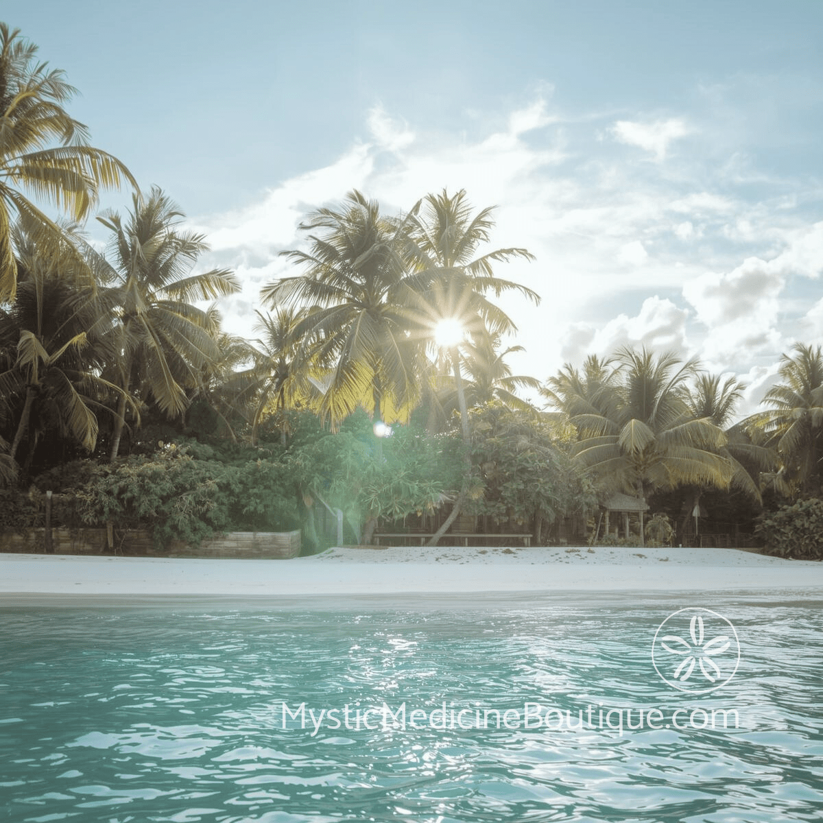 Tropical beach with palm trees and turquoise water representing the grounded clarity and psychic protection practices that support intuitive empaths
