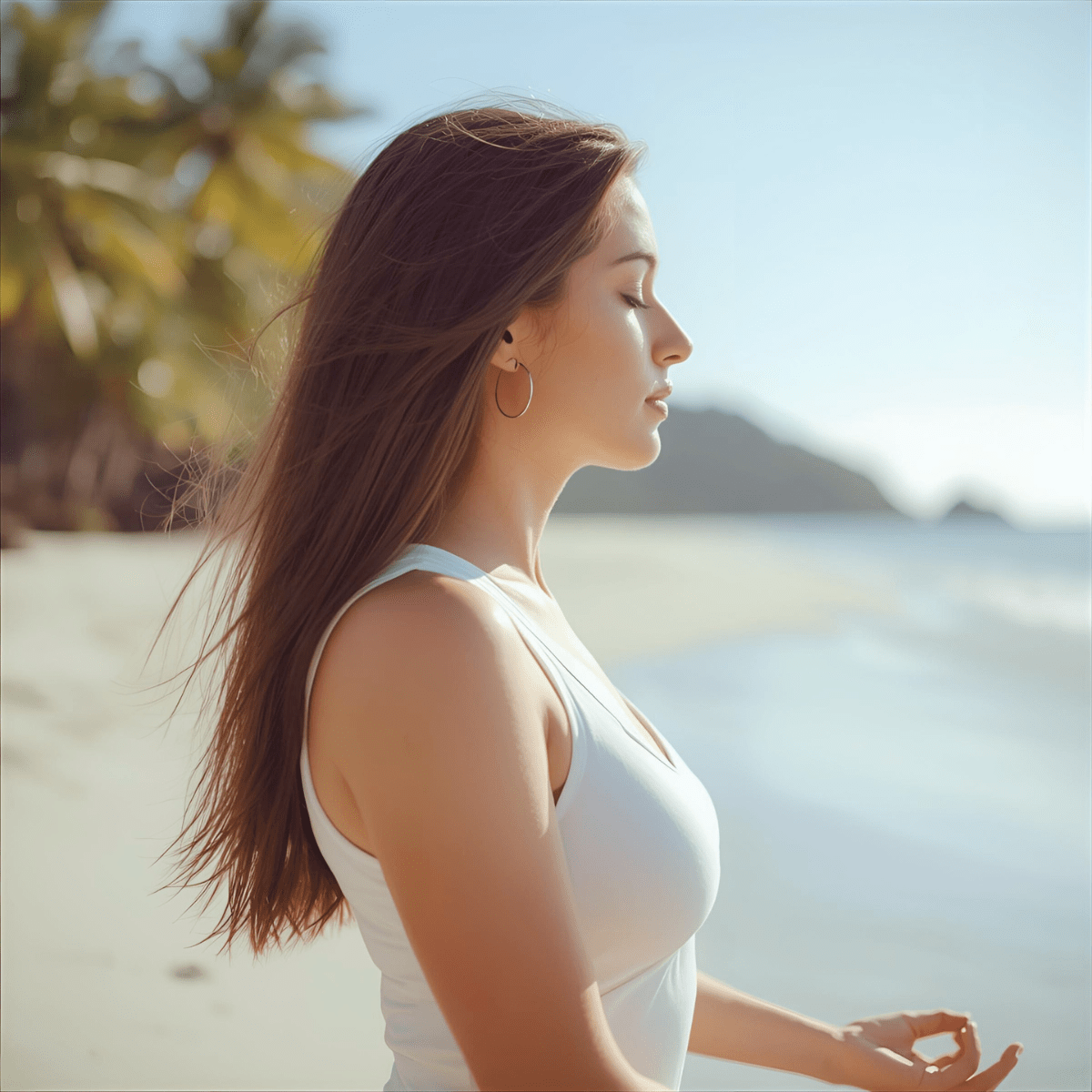 Woman in white in profile meditating on tropical beach representing the calm inner knowing and grounded intuition that emerges during spiritual emergency navigation