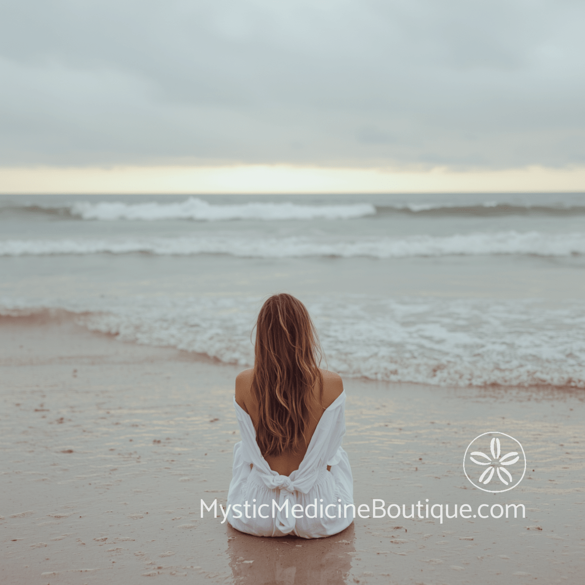Woman sitting alone on beach facing overcast ocean — is spiritual burnout supposed to feel this bad, RN Reiki Master explains, Mystic Medicine Boutique