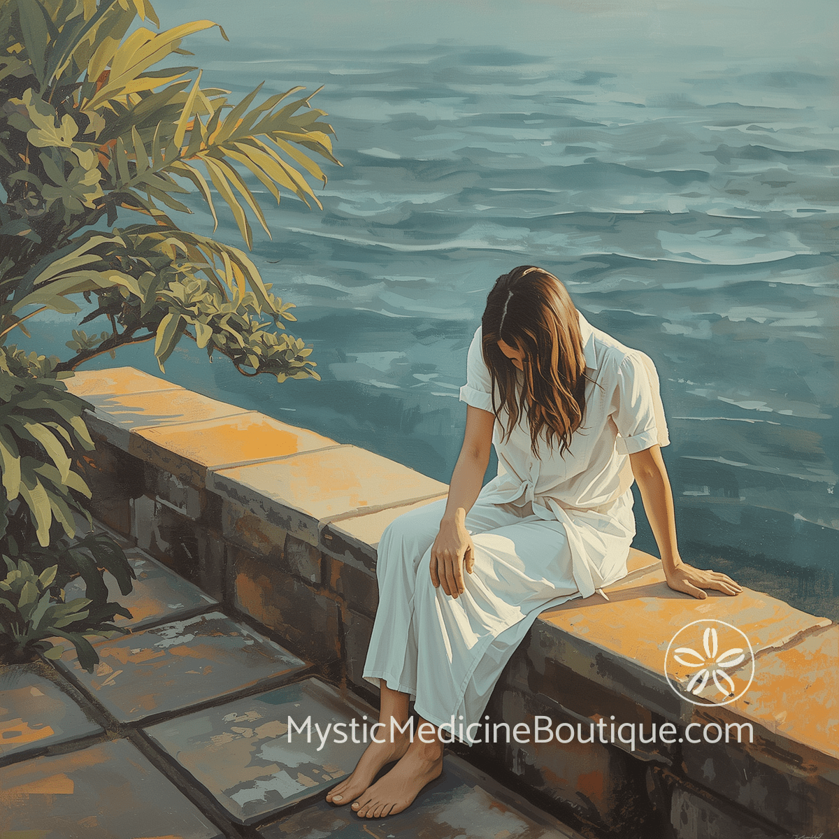Woman sitting on weathered tropical stone wall overlooking teal ocean representing the spiritual crisis that surviving financial ruin can make worse